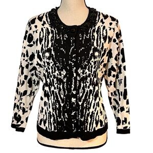 Per Se Black and White Embellished Snap-up Sweater Sz-M